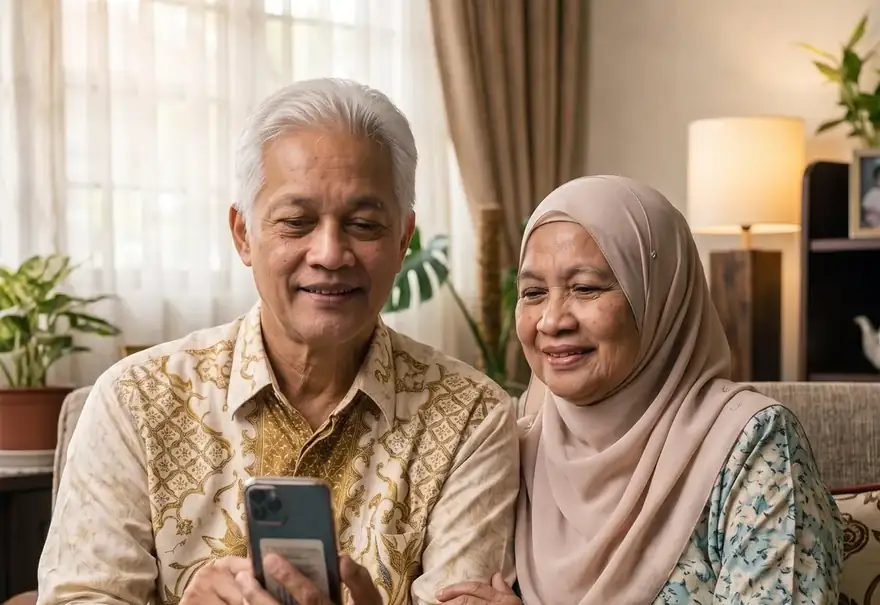 Rahman dan Ramlah melihat aplikasi bersama di rumah