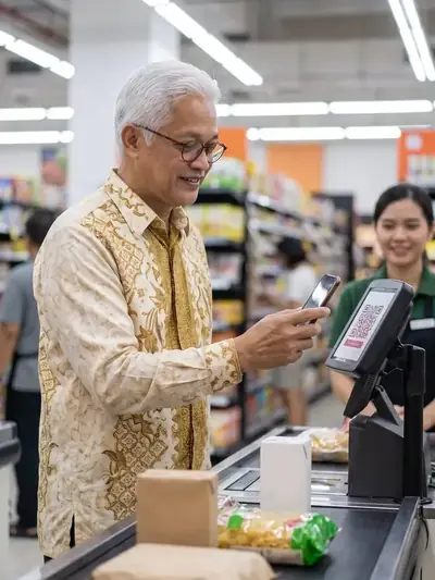 Rahman menunjukkan kod bar baucar di kaunter pasar raya