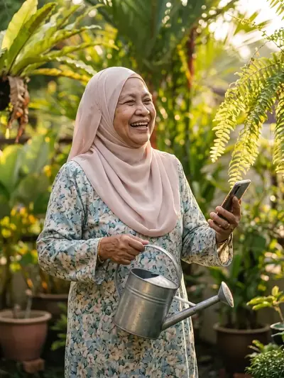 Ramlah memegang telefon di taman rumahnya