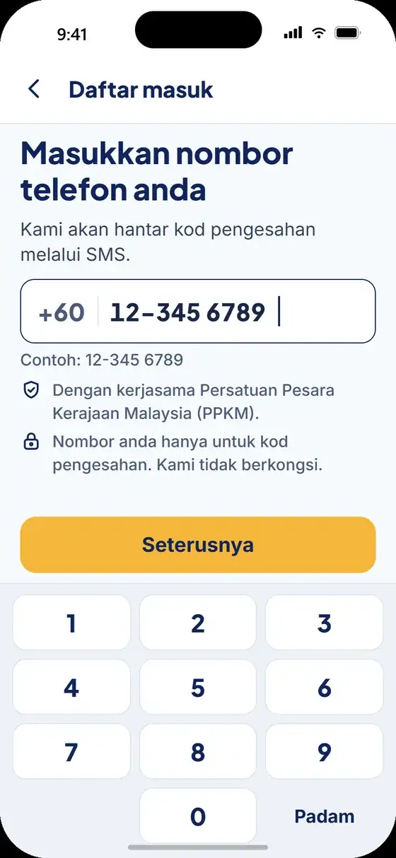 Skrin masukkan nombor telefon